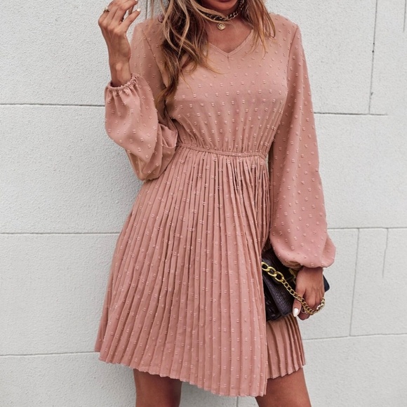 SHEIN Women's Medium Dusty Pink Pleated Unity Solid Swiss Dot A-line Vneck Dress - Picture 4 of 11